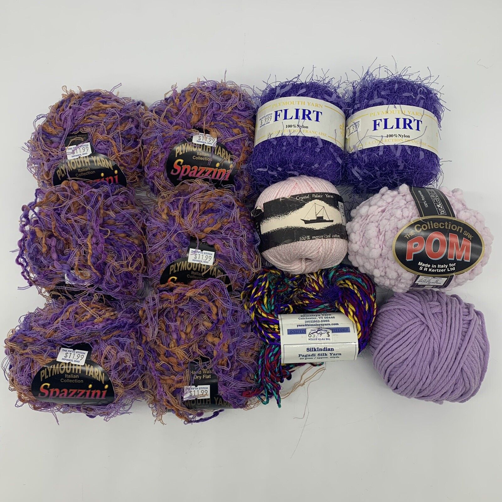 VTG Purple Yarn Lot of 12 - Plymouth Spazzini & Flirt, Crystal, POM & SilkIndian
