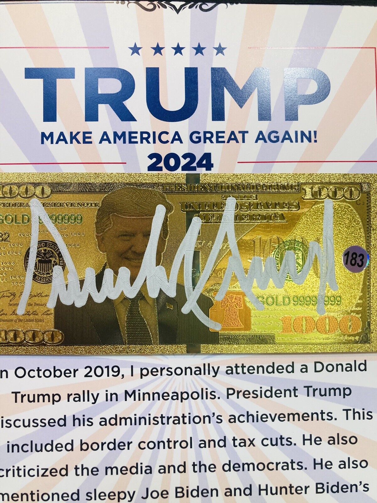 Donald Trump Autographed Signed Bill MAGA W/ Certificate Of Authenticity Notaty