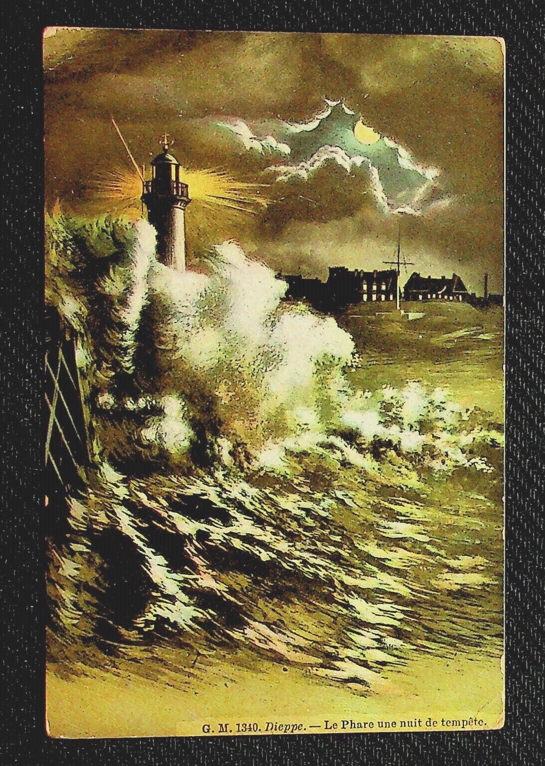 France Dieppe, Lighthouse on a Stormy Night, Moon Waves, Illustrated DB Unp