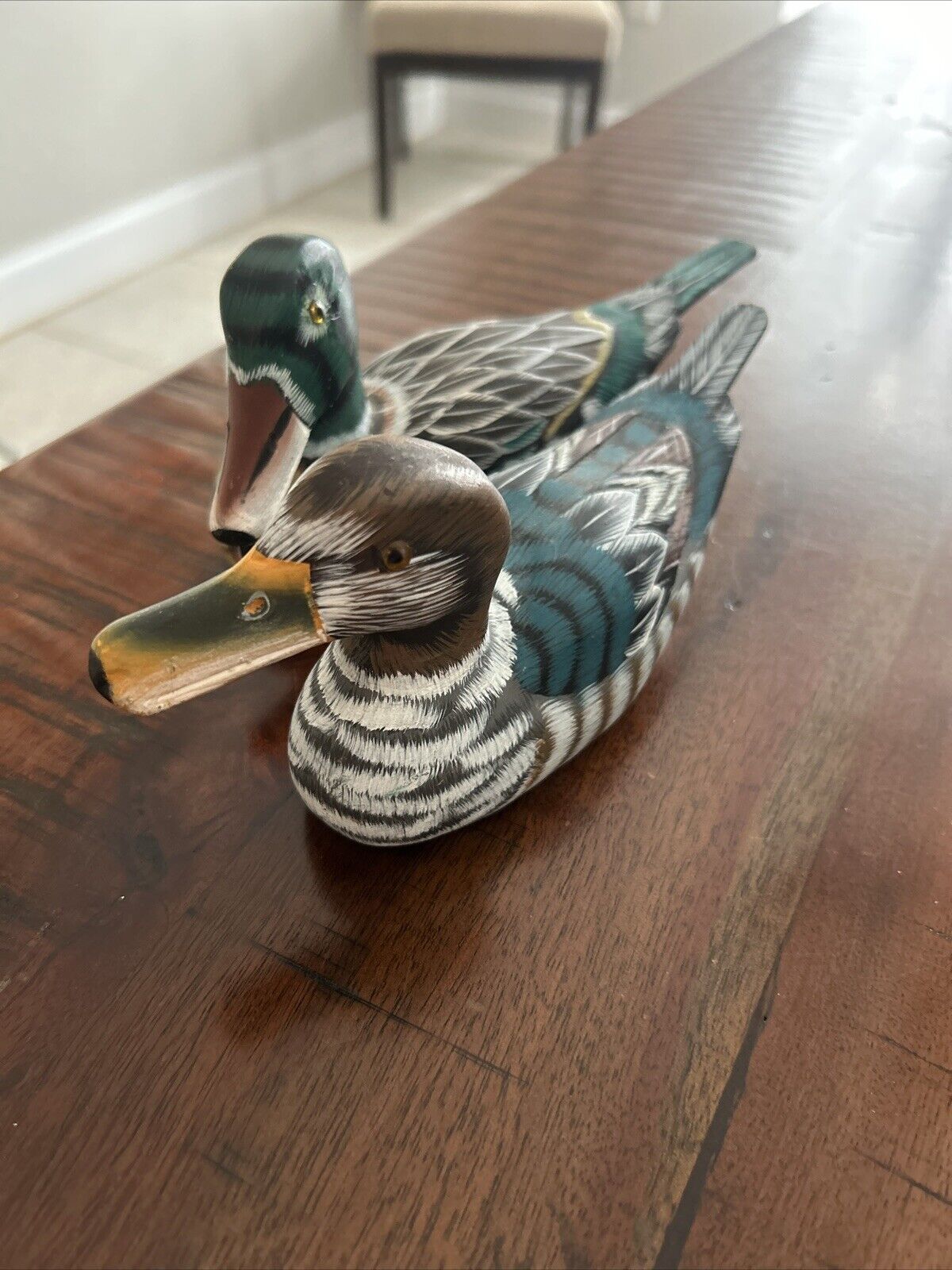 Vintage Wooden Mallard Ducks  Lot , Hand Carved Painted Wood Glass Eyes VGC