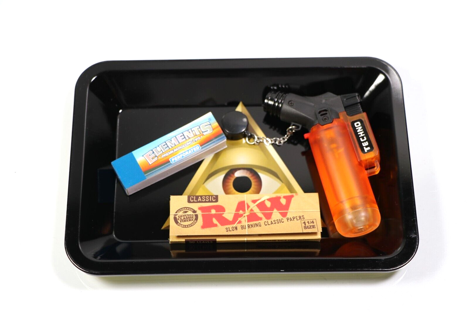 Metal Rolling Tray w/ Lid Combo Bundle Kit Raw 1 1/4 Elements Torch Jet Lighter