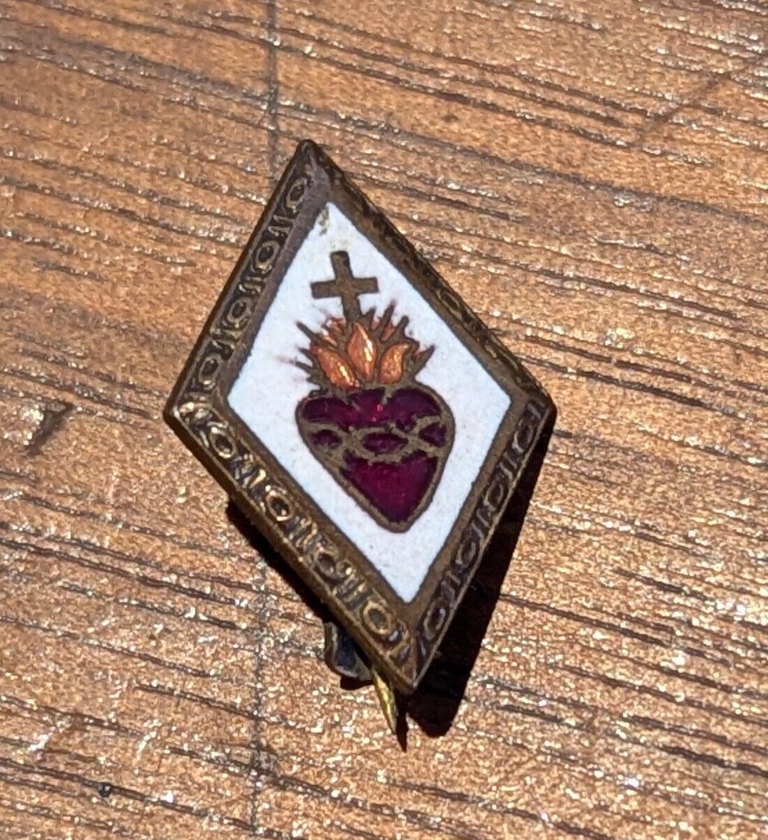 Small Vintage Sacred Heart of Jesus Lapel Pin with beautiful glass inlays.