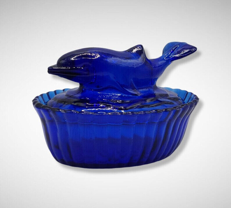 New Depression Style Cobalt Blue Glass Covered  Candy Dish Jewelry Trinket Box