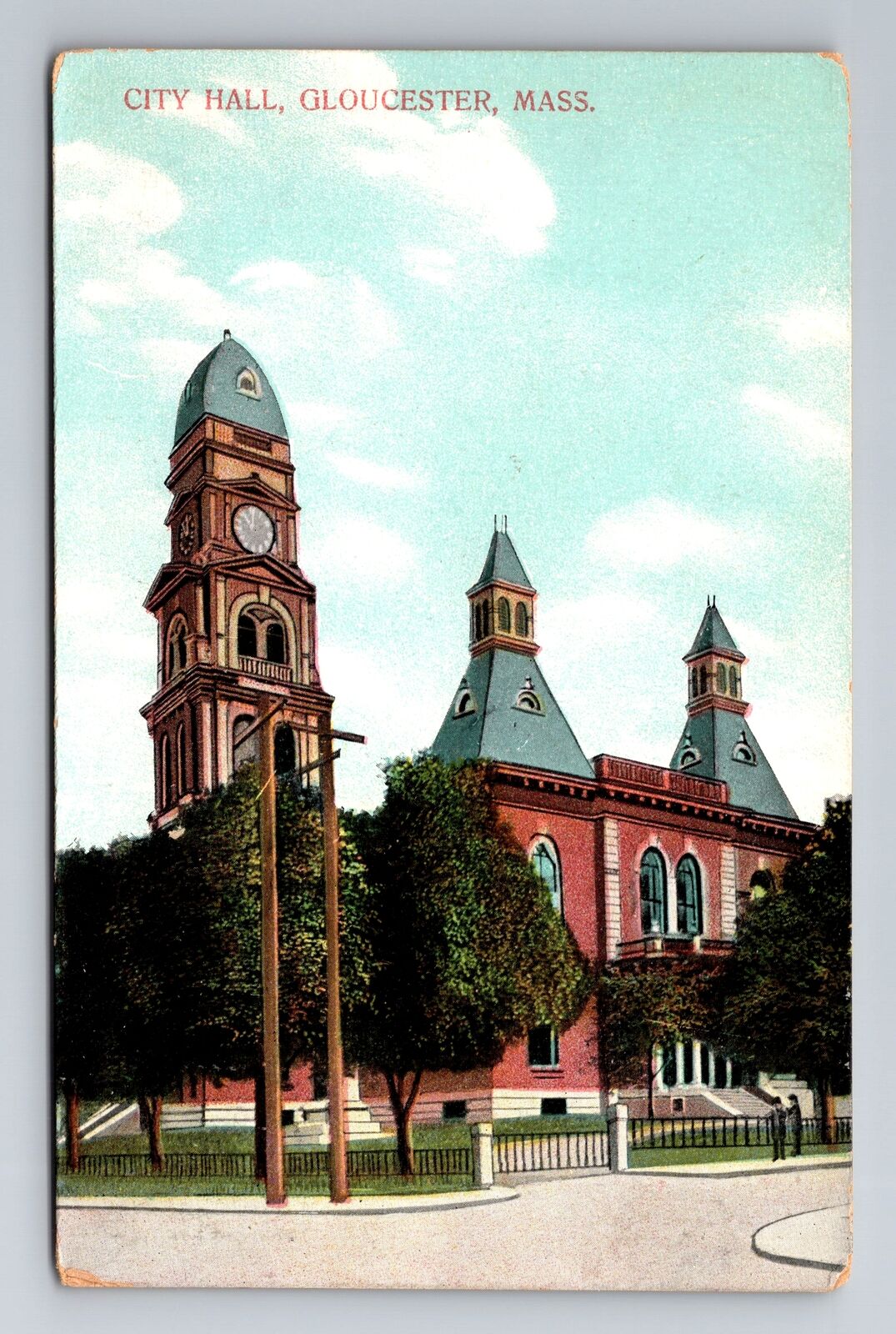 Gloucester MA-Massachusetts, City Hall, Clock Tower, Vintage c1908 Postcard