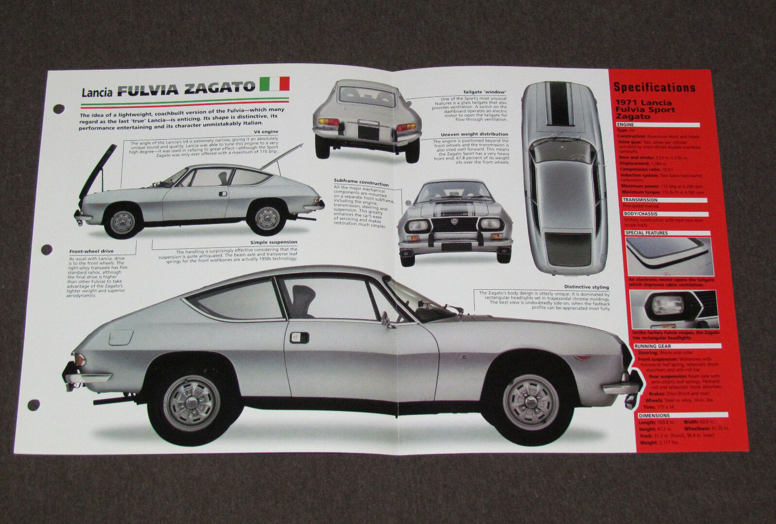 1965-1973 LANCIA FULVIA ZAGATO (1971 SPORT) Car SPEC SHEET PHOTO BROCHURE