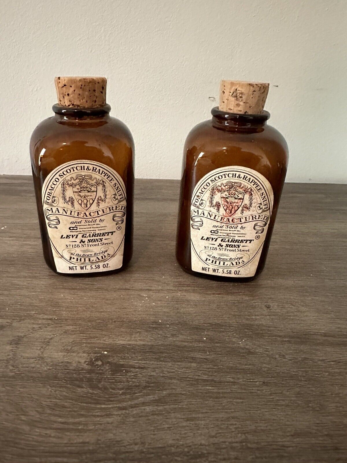 Set Of 2 Vintage Levi Garrett & Sons Tobacco Scotch Snuff Bottle w/ Cork