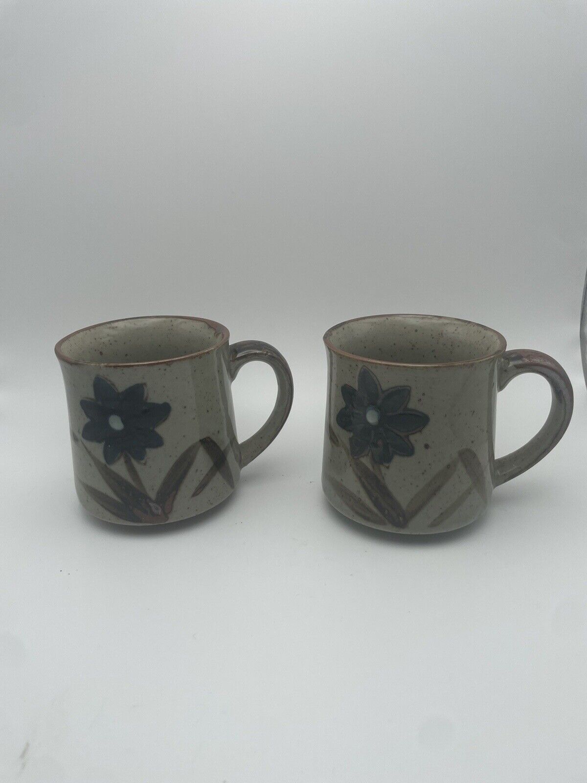 Pair Of Vintage Otagiri Tan Blue Speckle Stoneware Coffee Mug Floral Excellent