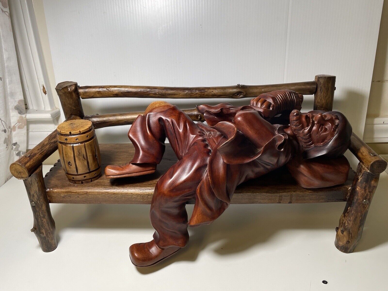 Vintage Large Wood Carving Figurine Drunk Man Sleeping On Bench With Accordion