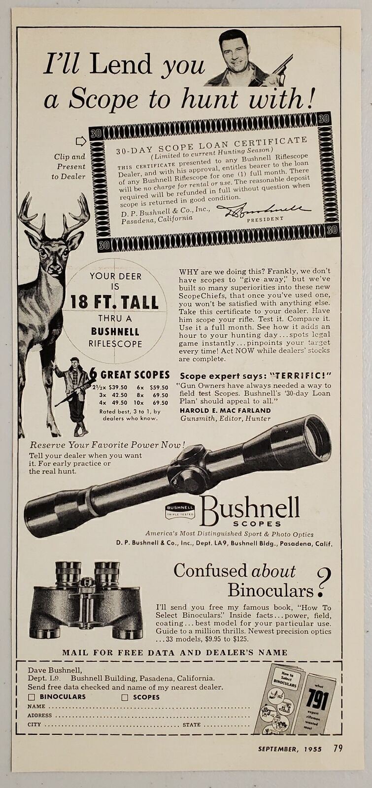 1955 Print Ad Bushnell Rifle Scopes Buck Deer Pasadena,California