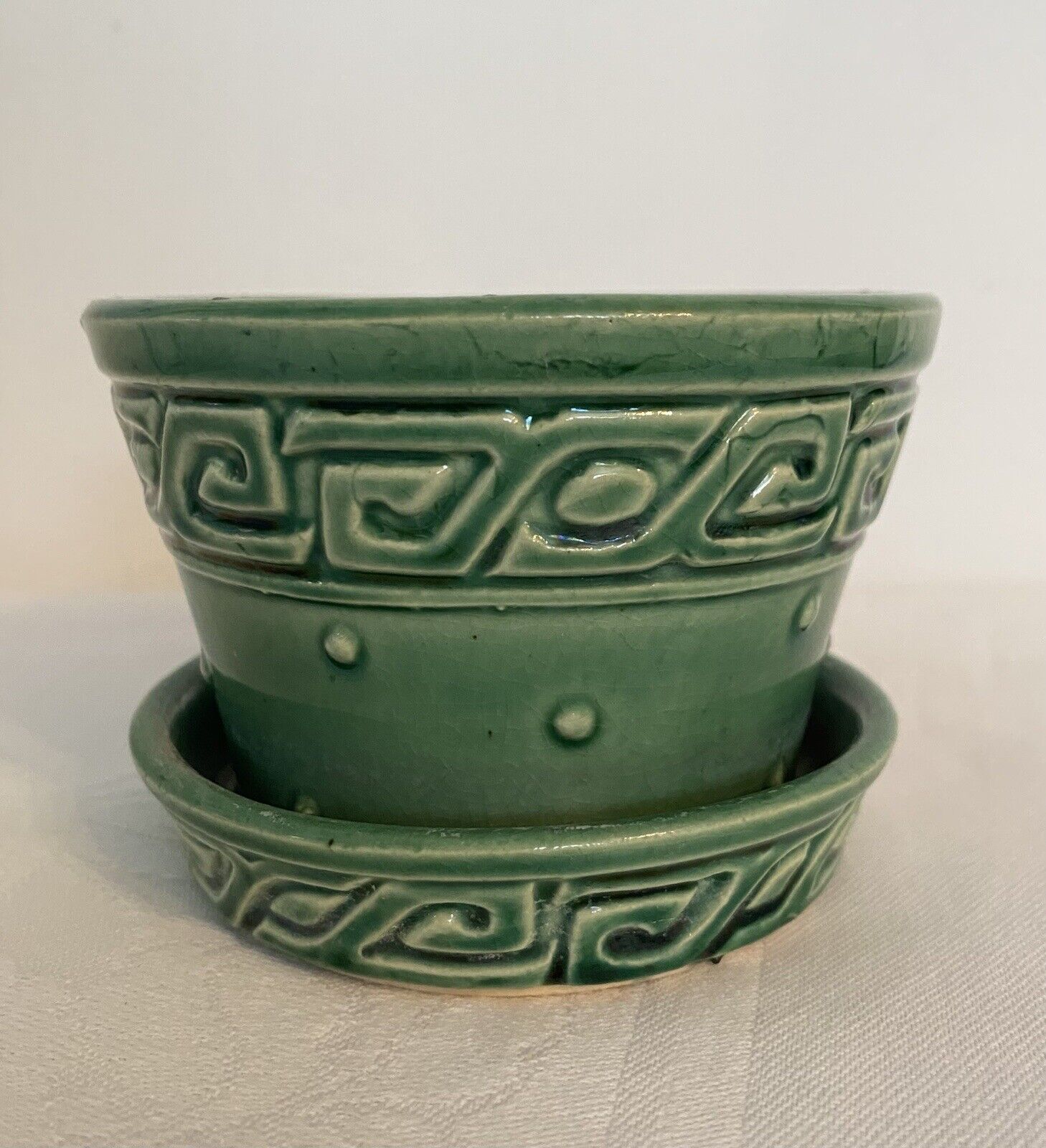Vintage McCoy Greek Key Green Pottery Flower Pot Planter w/Attached Saucer USA