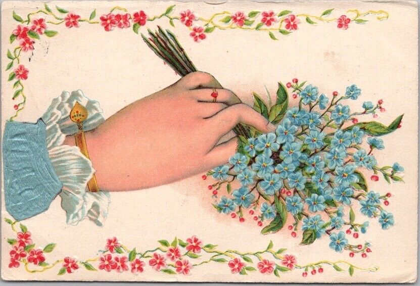 1907 Romance / Embossed Postcard Ladies Hand / Forget-Me-Nots / Real Silk