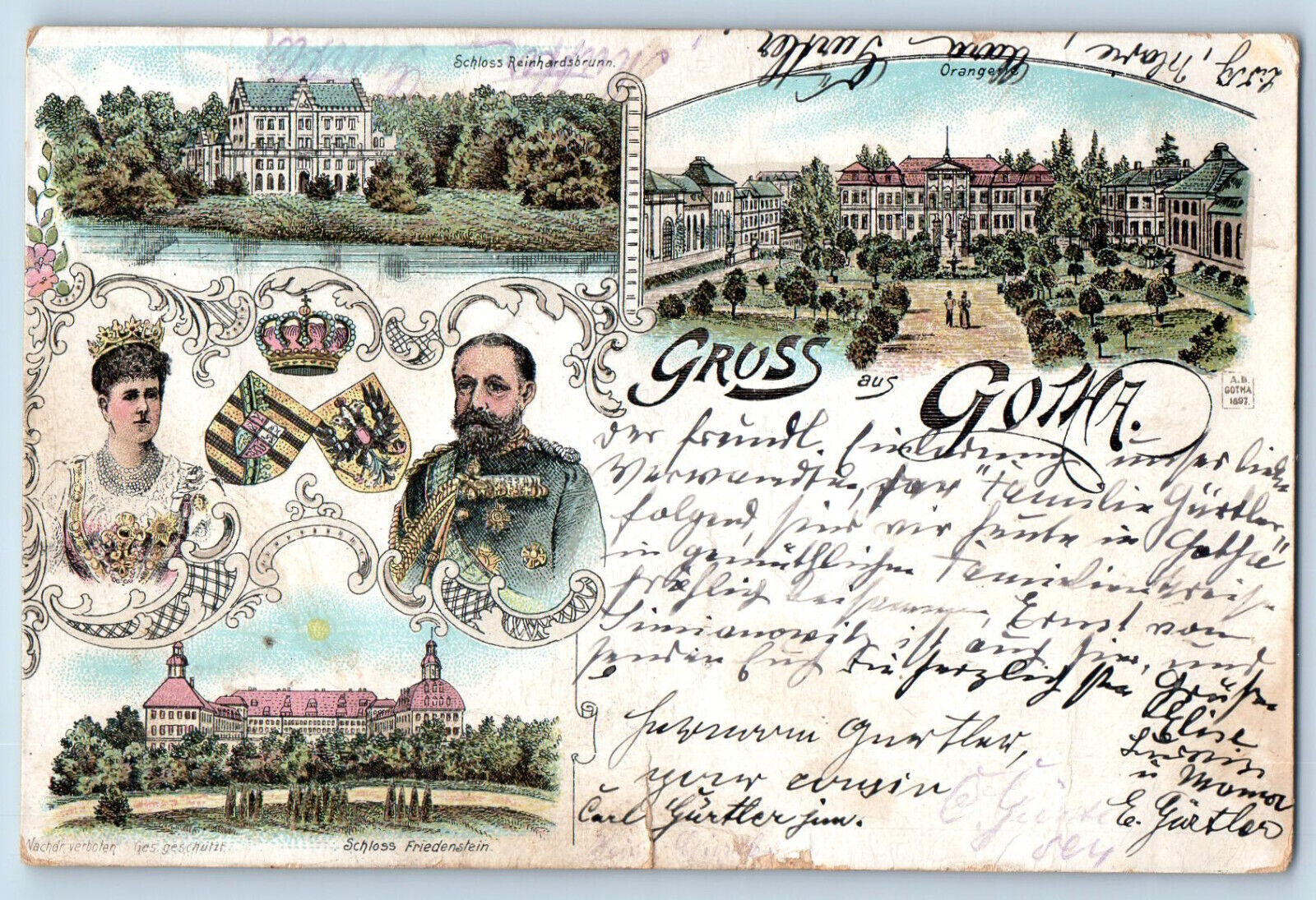 Thuringia Germany Postcard Greetings from Gotha King Queen c1890's Multiview