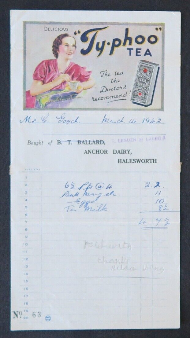 1942 HALESWORTH TYPHOO TEA Illustrated Billhead 108 Invoice