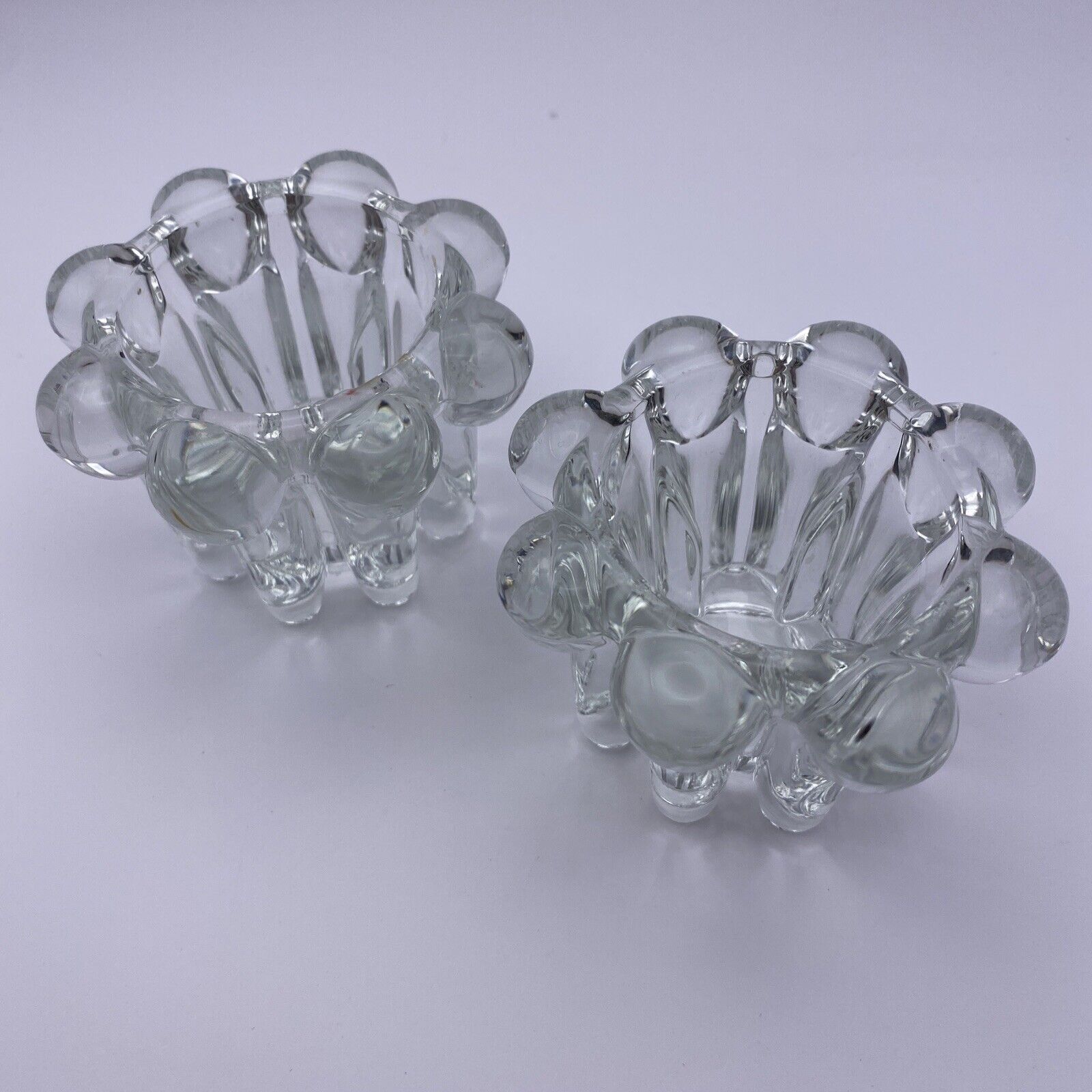 Vintage Reims France Candle Holders (2) Clear Glass Bubble Beaded Edge 2\