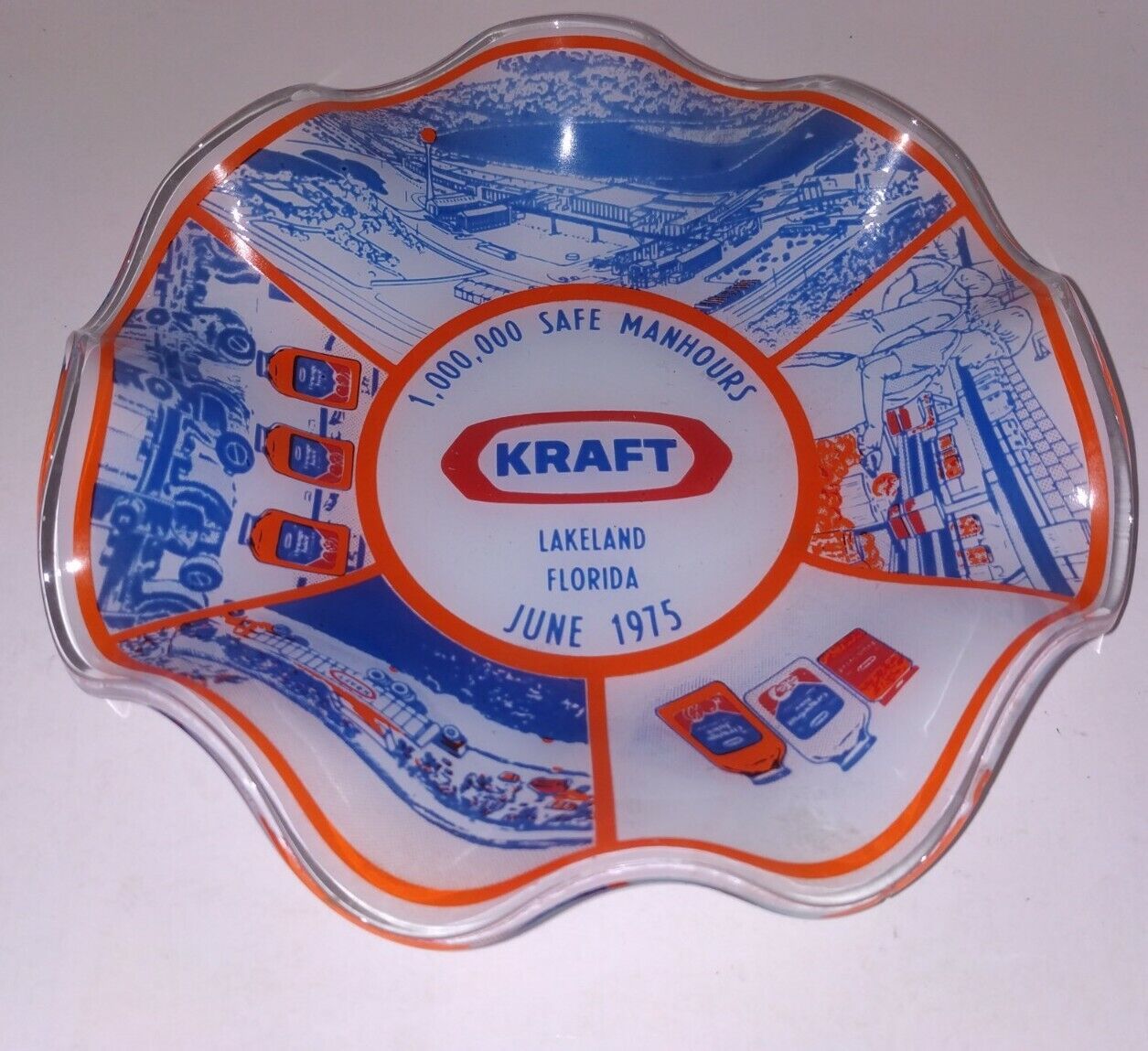 Kraft Glass Plate Ashtray 1,000,000 Safe Manhours Lakeland Florida June 1975 vtg