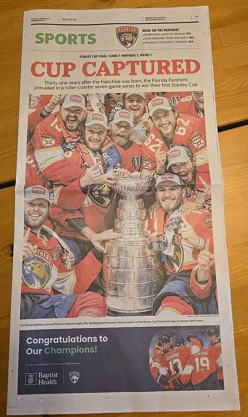 Front Page FLORIDA PANTHERS 2024 Stanley Cup Champion Miami Herald Sport Section