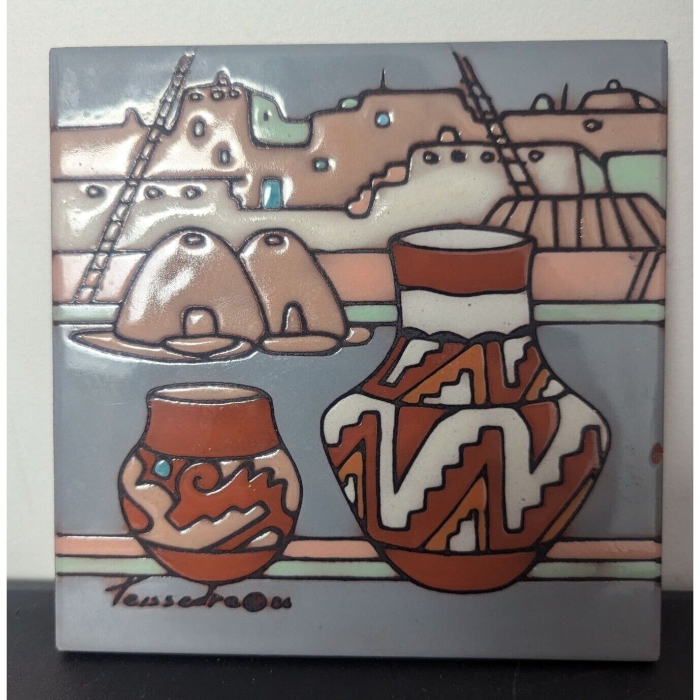 Cleo Teissedre Hand-Painted Southwestern Ceramic Tile Trivet 6in X 6in