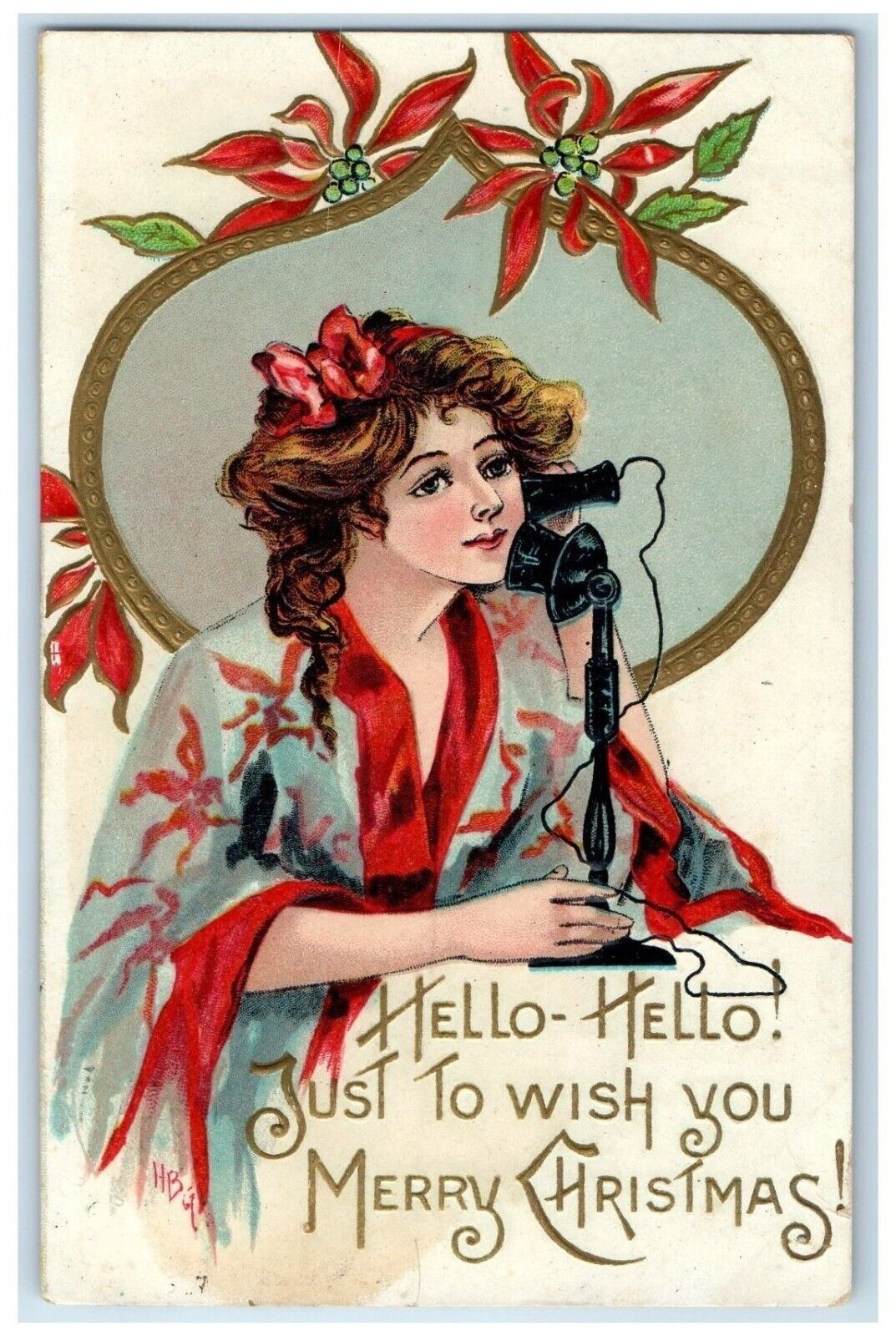 c1910's Pretty Woman Kimono Telephone Poinsettia Flowers HBG Embossed Postcard