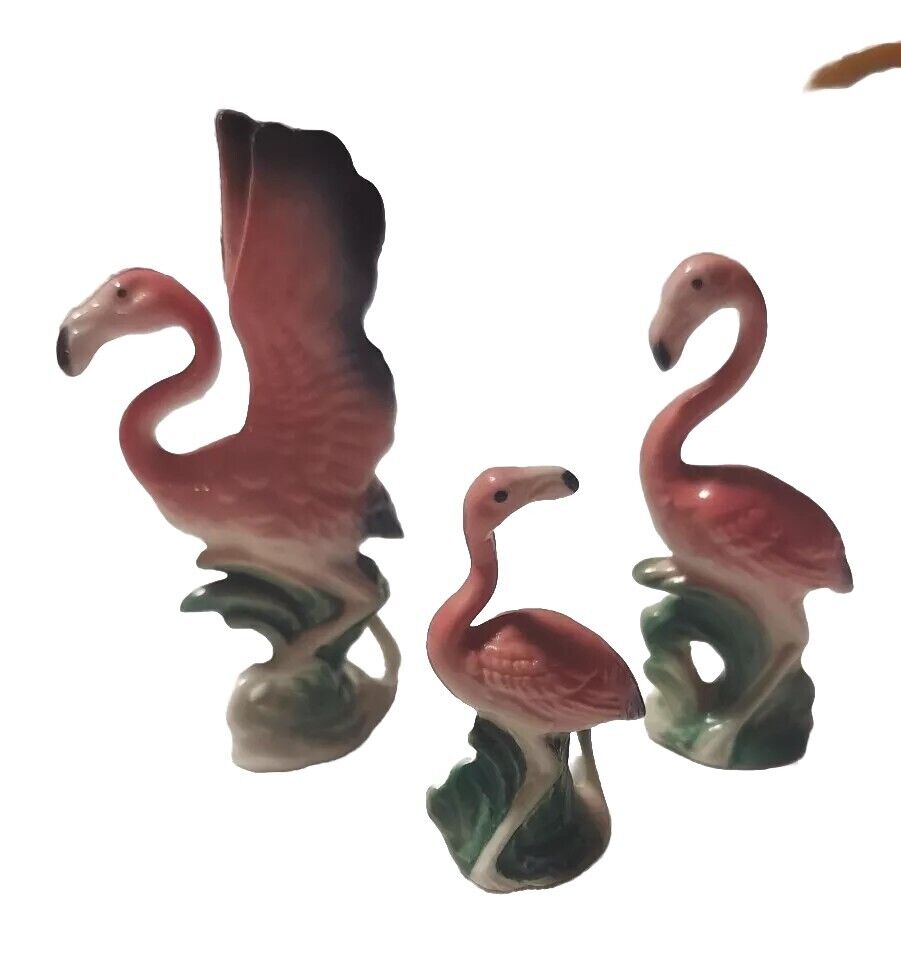 Vintage Pink Flamingo Bird Miniature Figurines Porcelain Bone China Set of 3