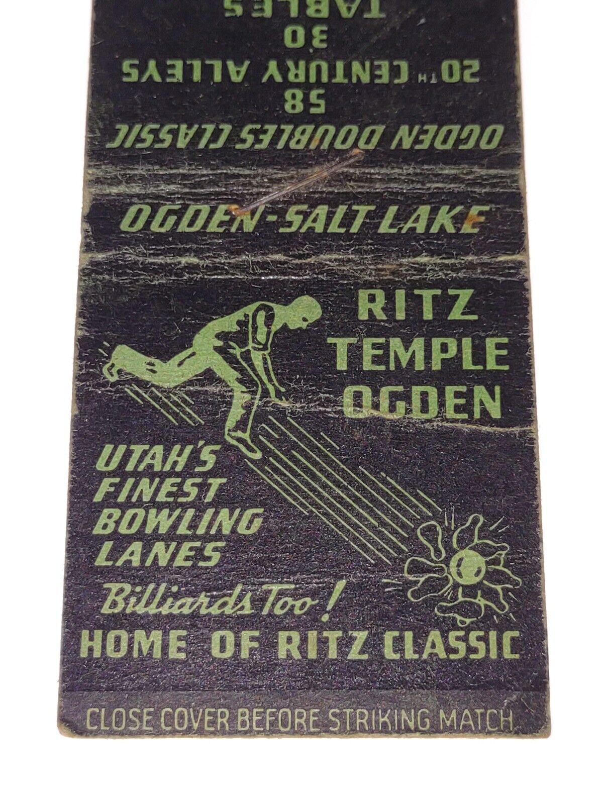 Vtg Matchbook Cover Ritz Temple Ogden Utah Bowling Billiards History