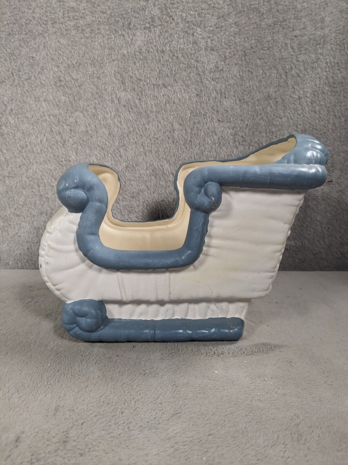 Vintage Kimple Mold Ceramic Santa Christmas Sleigh Tan White/Blue Trim Planter