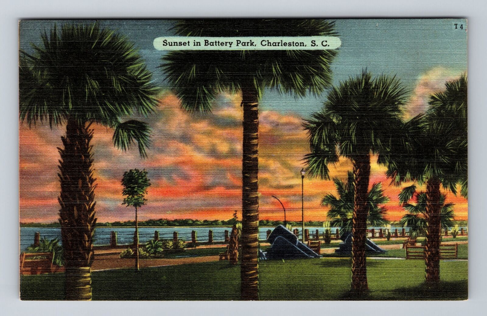 Charleston SC-South Carolina, Sunset In Battery Park, Antique, Vintage Postcard