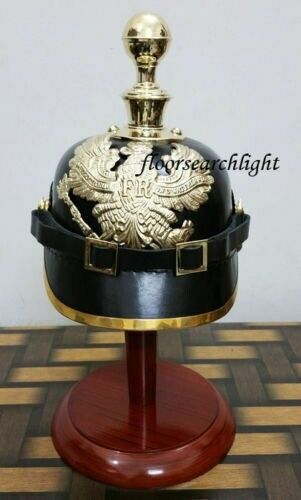 WWI Officer\'s Ball Spiked German Prussian Leather Pickelhaube Helmet W/ Stand