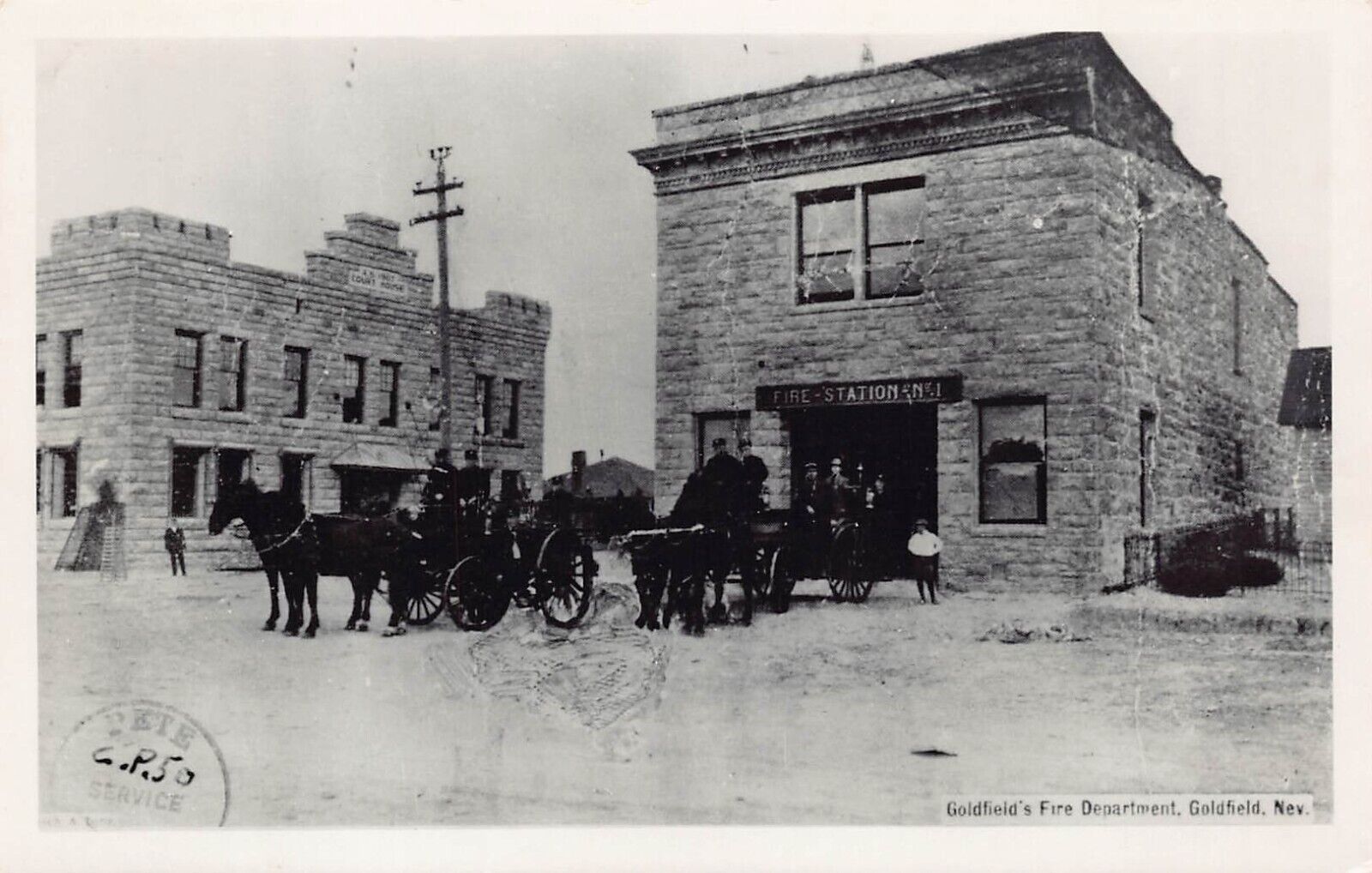 RPPC Goldfield NV Gold Mining Town Fire Station Engine Photo Postcard D20