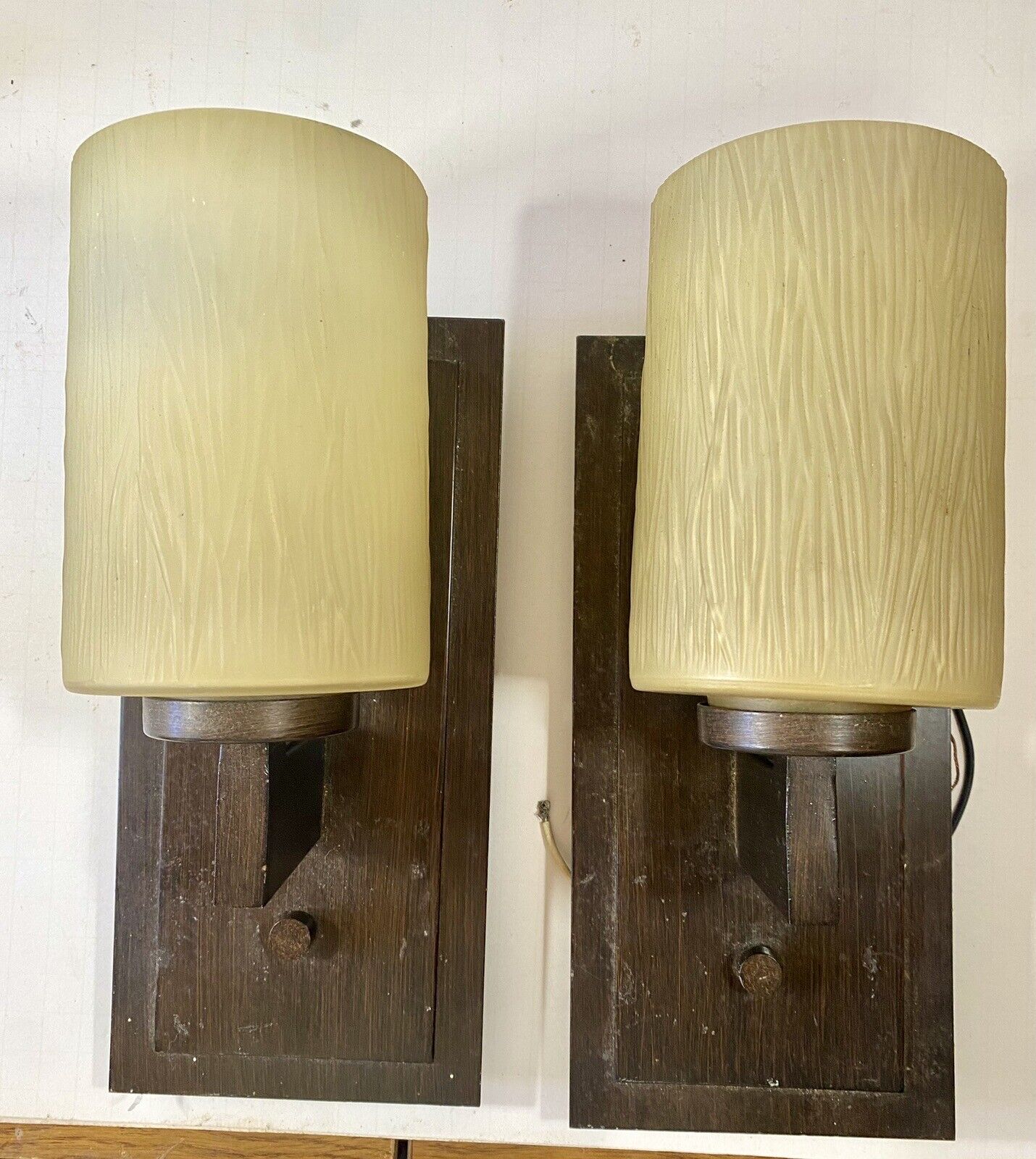 Vintage Pair Wall Sconce Lights Frosted Textured Glass MCM Set