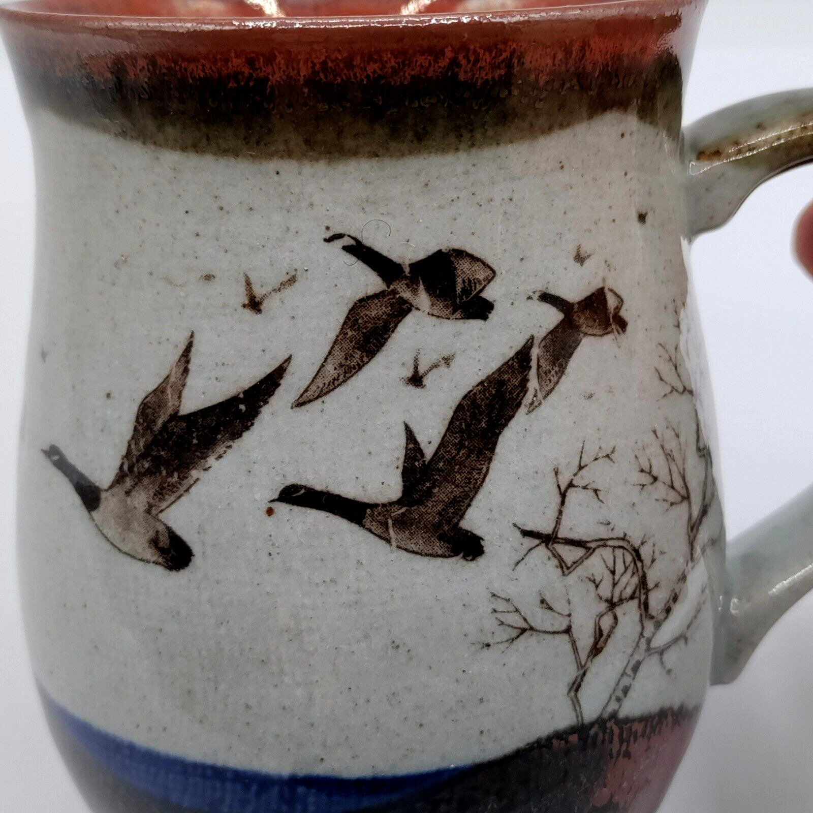 VTG Otagiri Style Coffee Tea Mug Stoneware Cup Drip Glazed Geese Grey Brown Blue