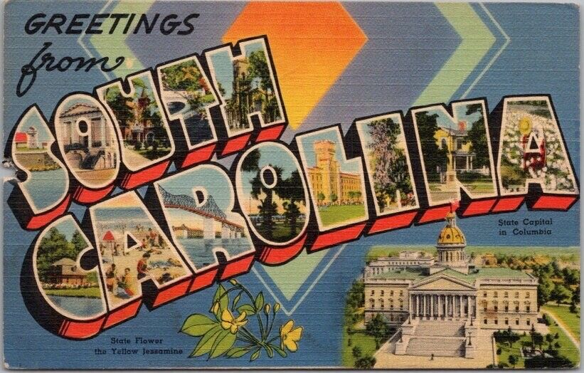 Vintage SOUTH CAROLINA Large Letter Postcard State Capitol and Flower / Linen