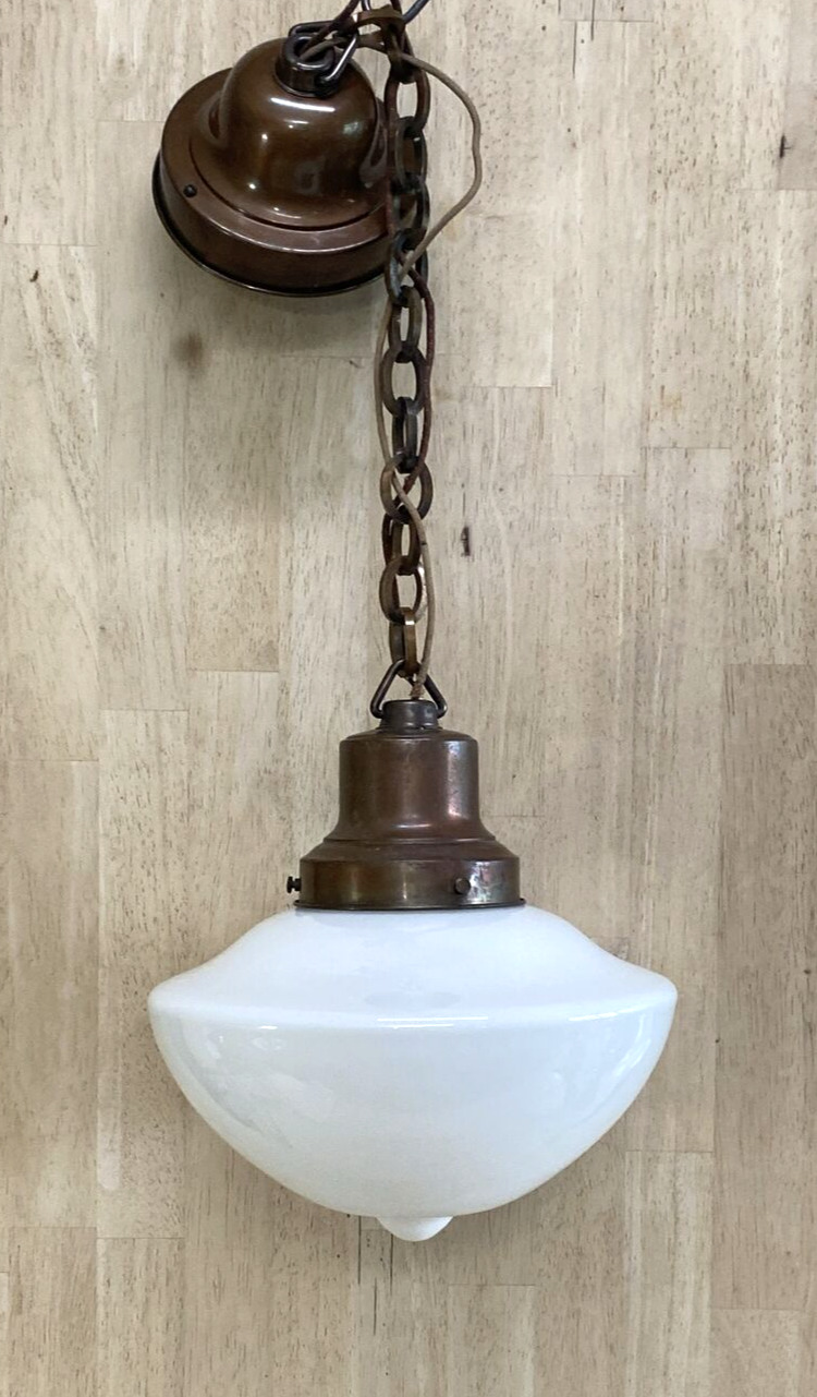 ANTIQUE PENDANT LIGHT Schoolhouse Hanging Glass Shade ALL BRASS CHAIN & FIXTURE