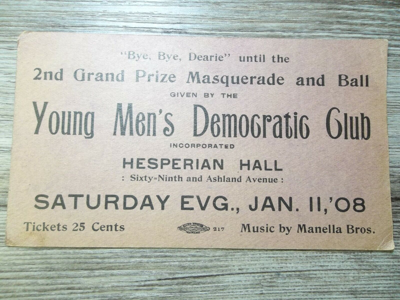 Young Men's Democratic club Masquerade At Hesperian Hall Chicago, Il 1908     1I