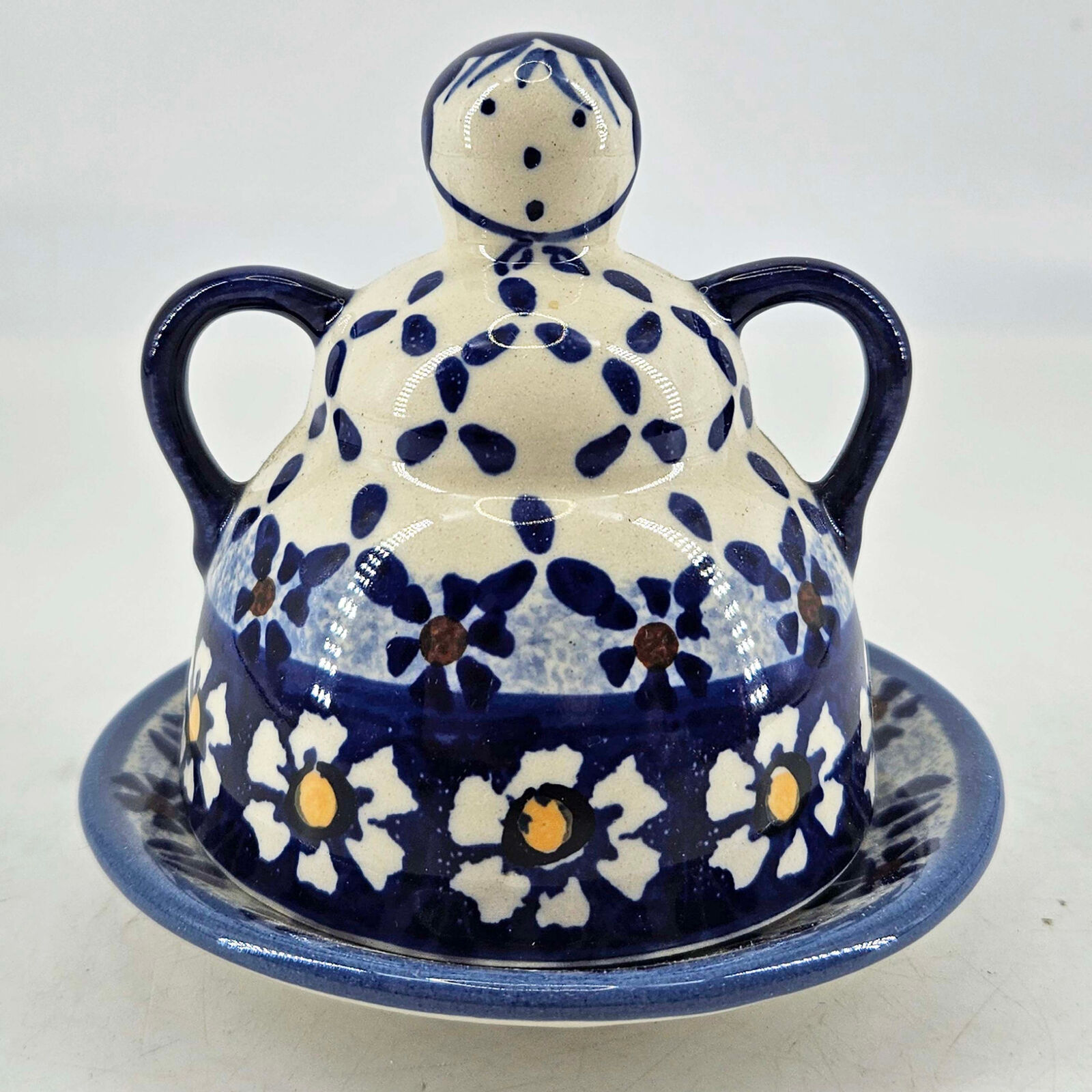 Vintage Boleslawiec Polish Pottery Domed Lady Cheese Butter Dish With Base