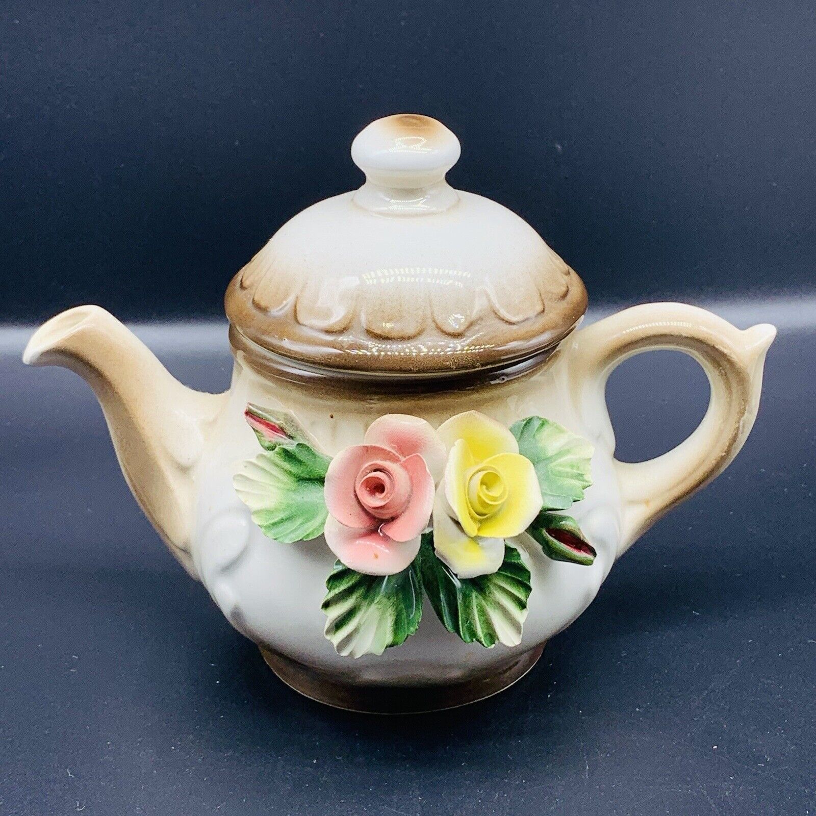 Vintage Nuova Capodimonte Italy Teapot Pink and Yellow Roses 4.5”T 8”W