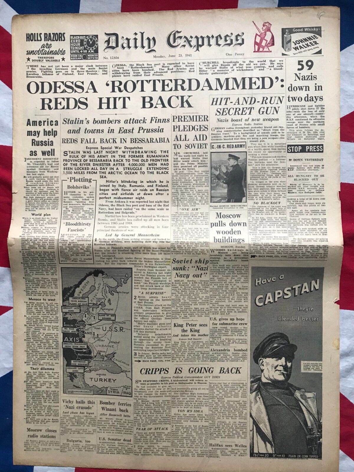 Original June 1941 WW2 Newspaper Odessa Raid Stafford Cripps Stalin Goebbels