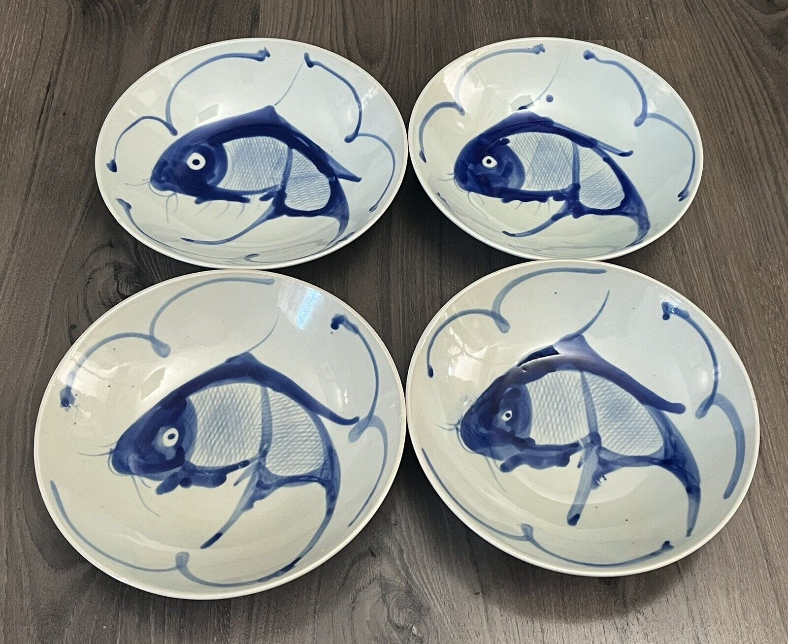 4 Koi Fish Carp Soup Noodle Bowls Blue on White Porcelain 9'' China
