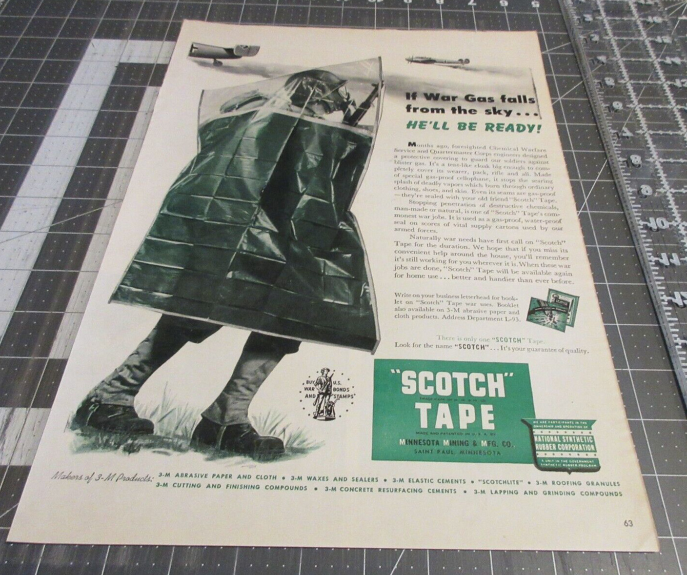 1943 Scotch Tape, War Gas falls from the sky, WWII ERA Print Ad