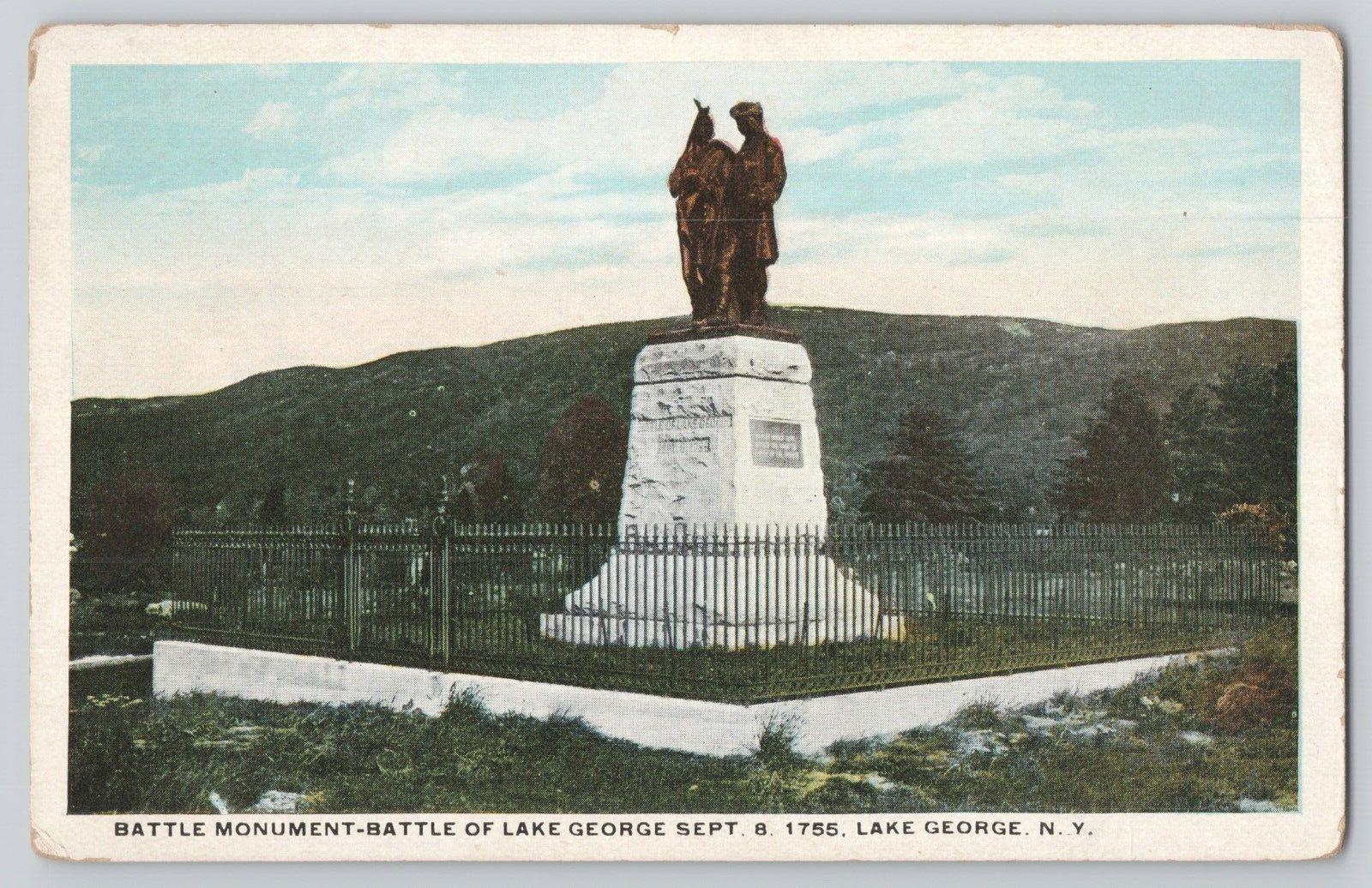Postcard Battle Monument, Battle of Lake George, Lake George, New York