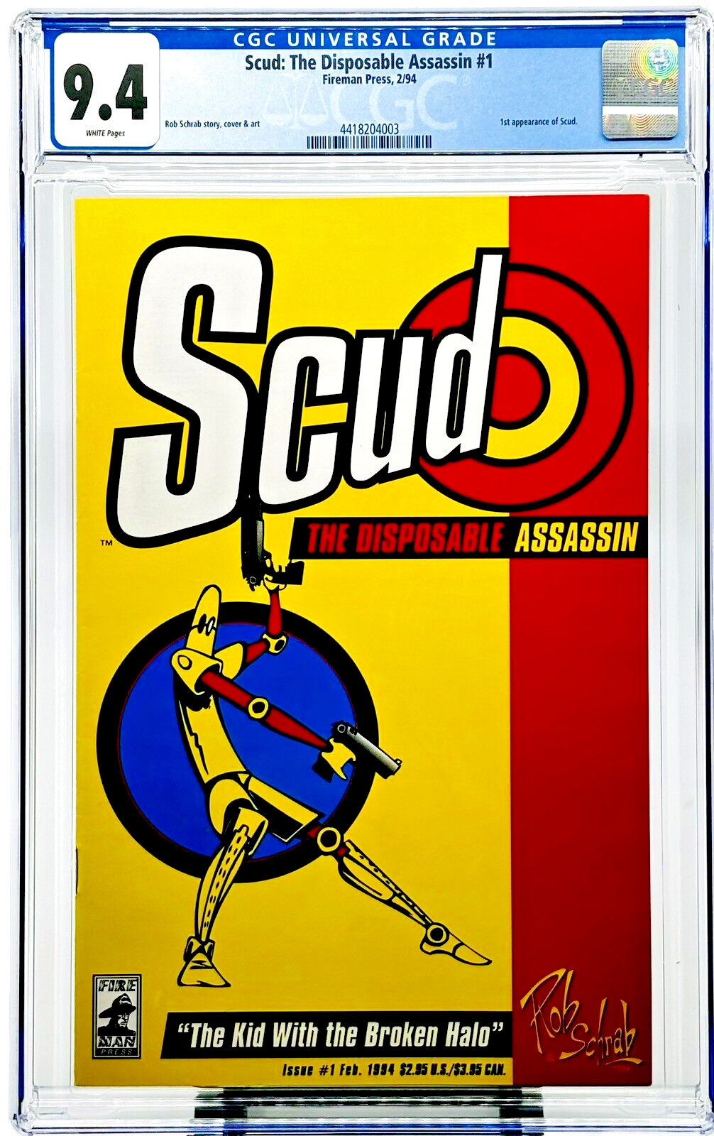 SCUD THE DISPOSABLE ASSASSIN #1 CGC 9.4 WHITE PAGES FIREMAN PRESS 1994 1st Print
