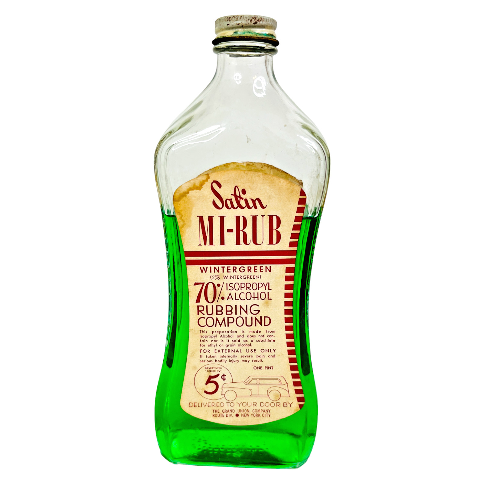 Vintage Rubbing Alcohol Glass Bottle Wintergreen Compound Satin Mi Rub 1 Pint