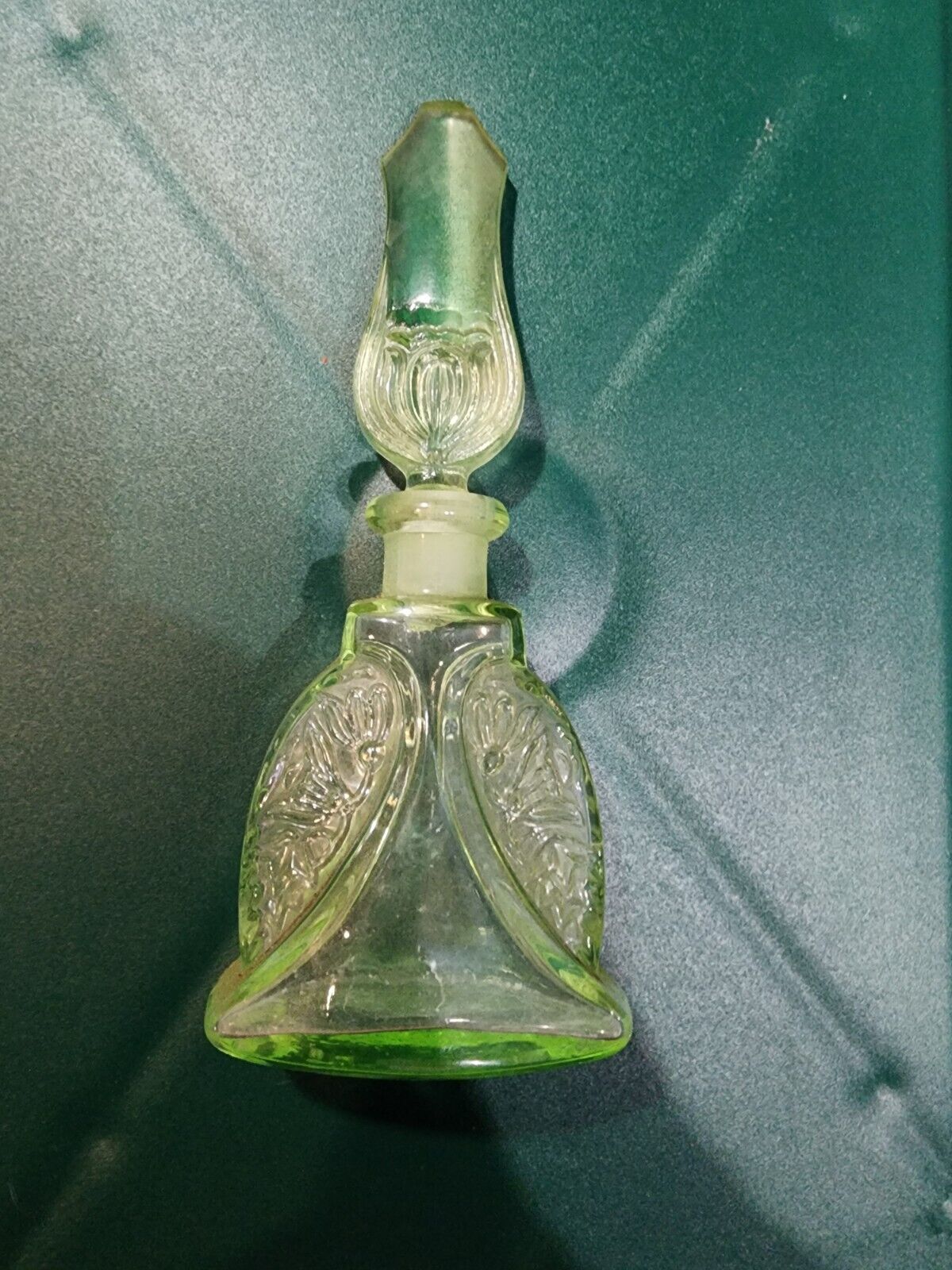 Czech Green art deco cut glass perfume bottle Uranium Glass