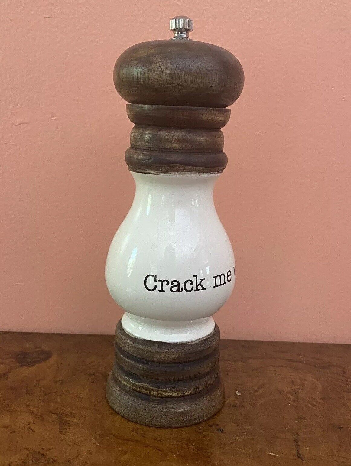Farmhouse Mud Pie Wood and Enamel Pepper Mill “ Crack Me Up”