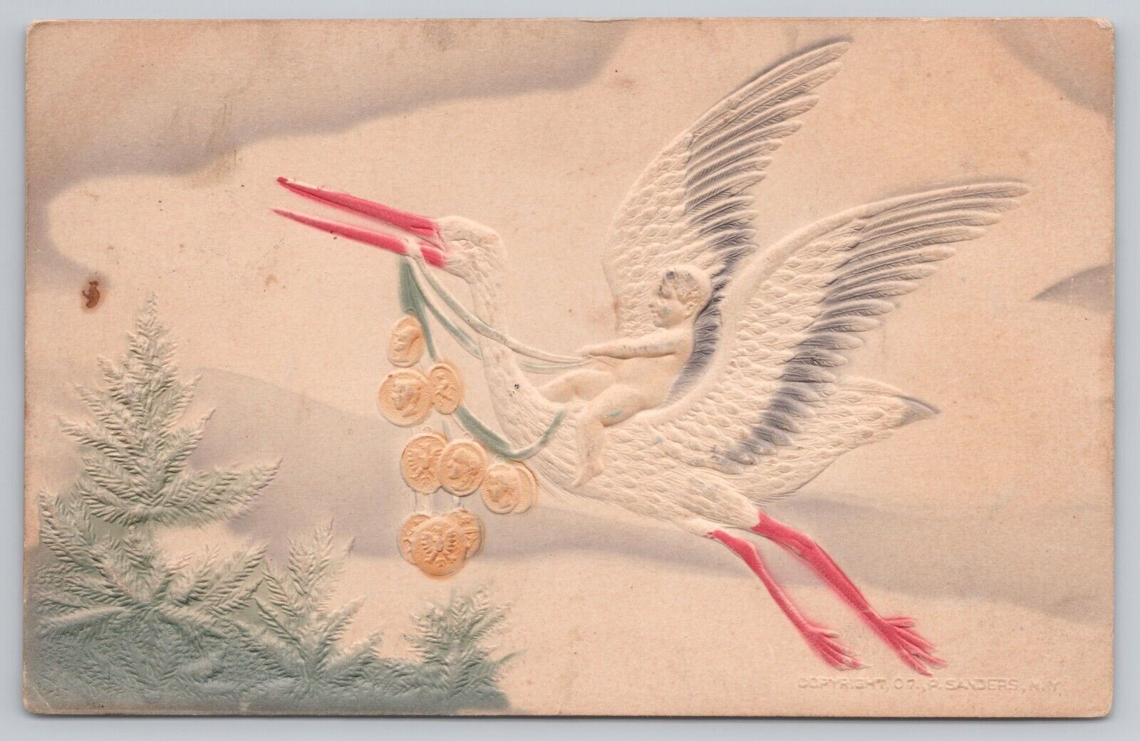 Postcard Baby Riding a Stork Carrying Gold Coins. Vintage PM 1908 PA Embossed