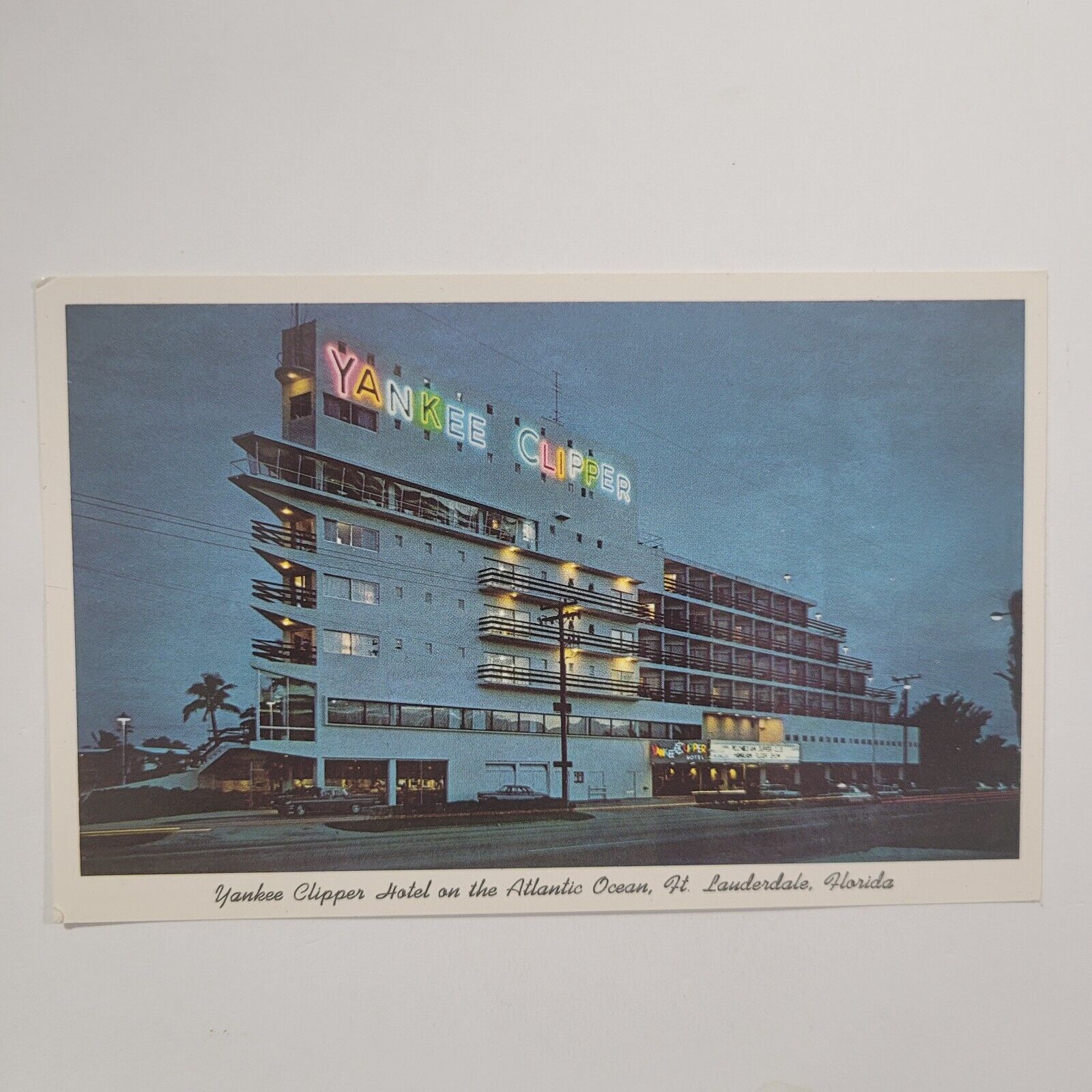 Yankee Clipper Hotel Fort Lauderdale Florida Vintage Chrome Postcard Night View