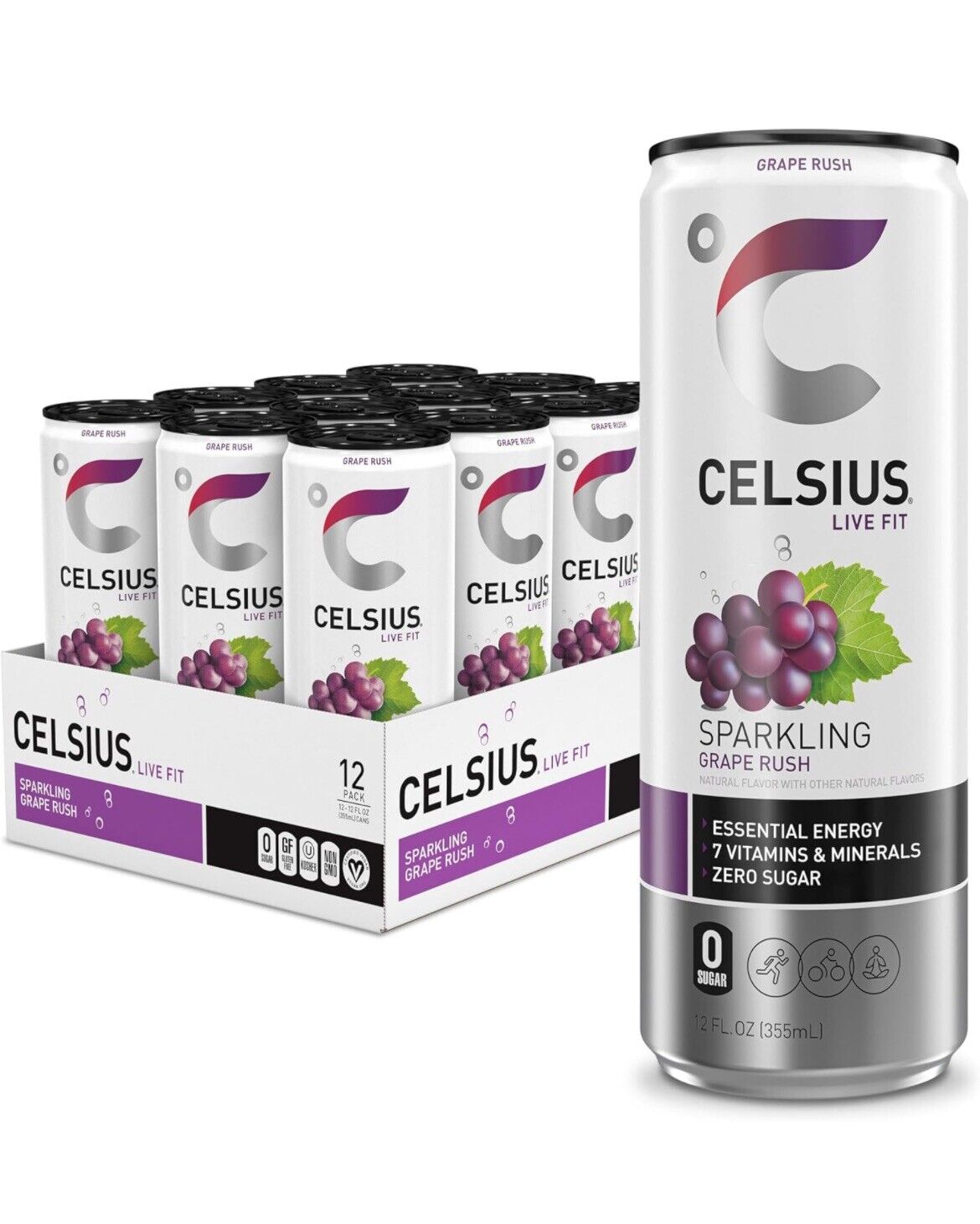 Celsius Sparkling Grape Rush, Functional Essential Energy Drink 12oz 12 Pack