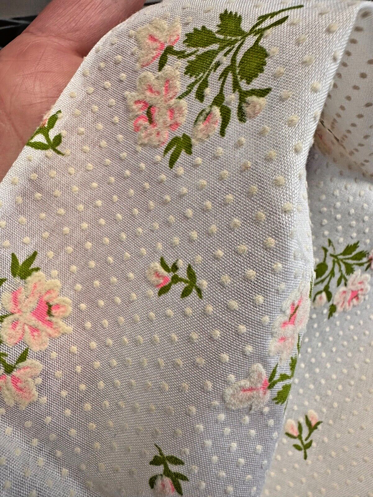 Vintage Swiss Dot Fabric- White with Flocked pink flowers 1.5 yards