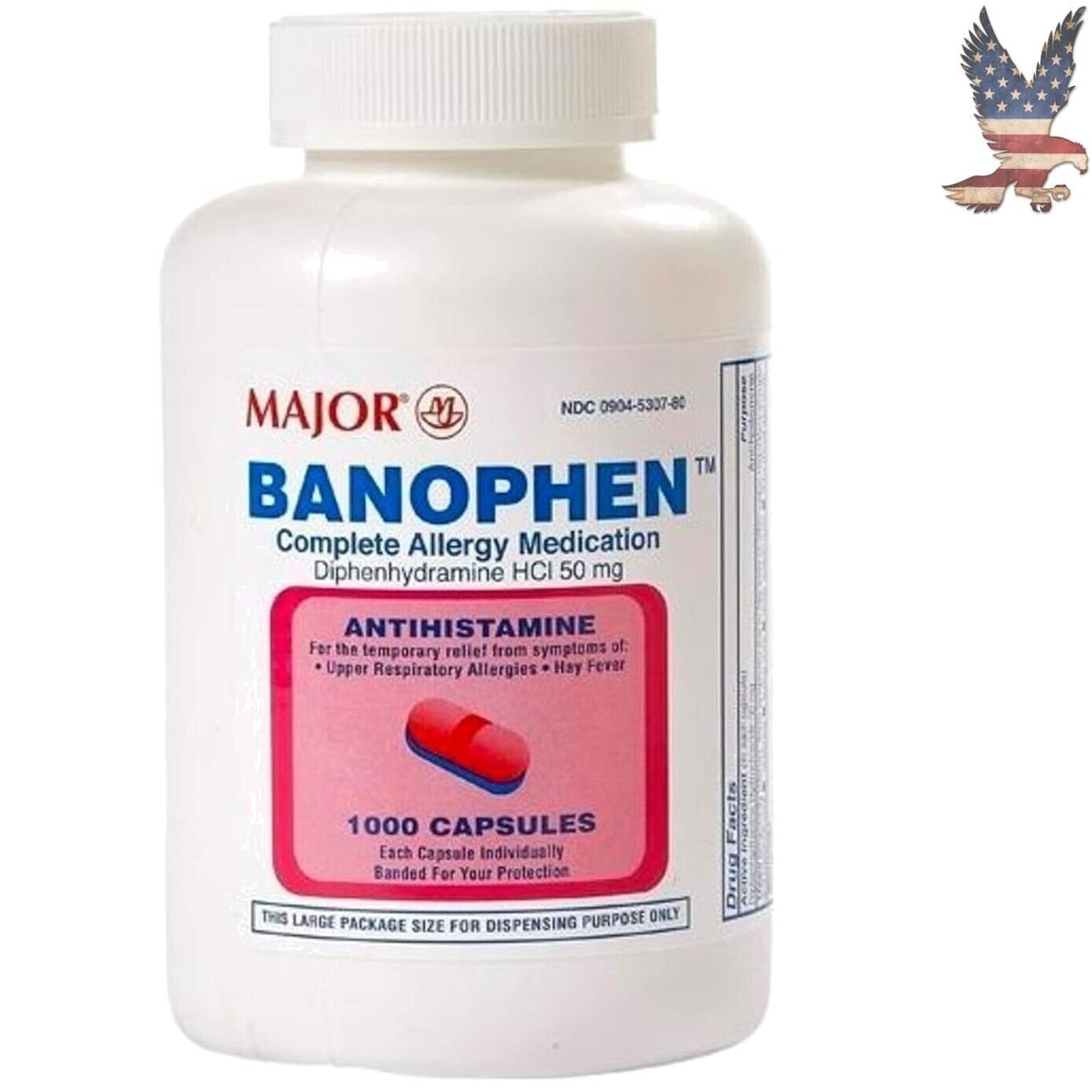 1000 Banophen Antihistamine Capsules - Compare to Benadryl - 50mg - Pink Pack