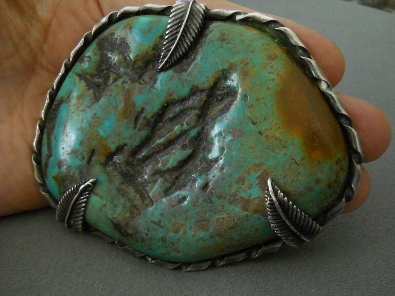 HEAVY Native American BlueGreen Turquoise Rough Sterling Silver Belt Buckle 4x3\