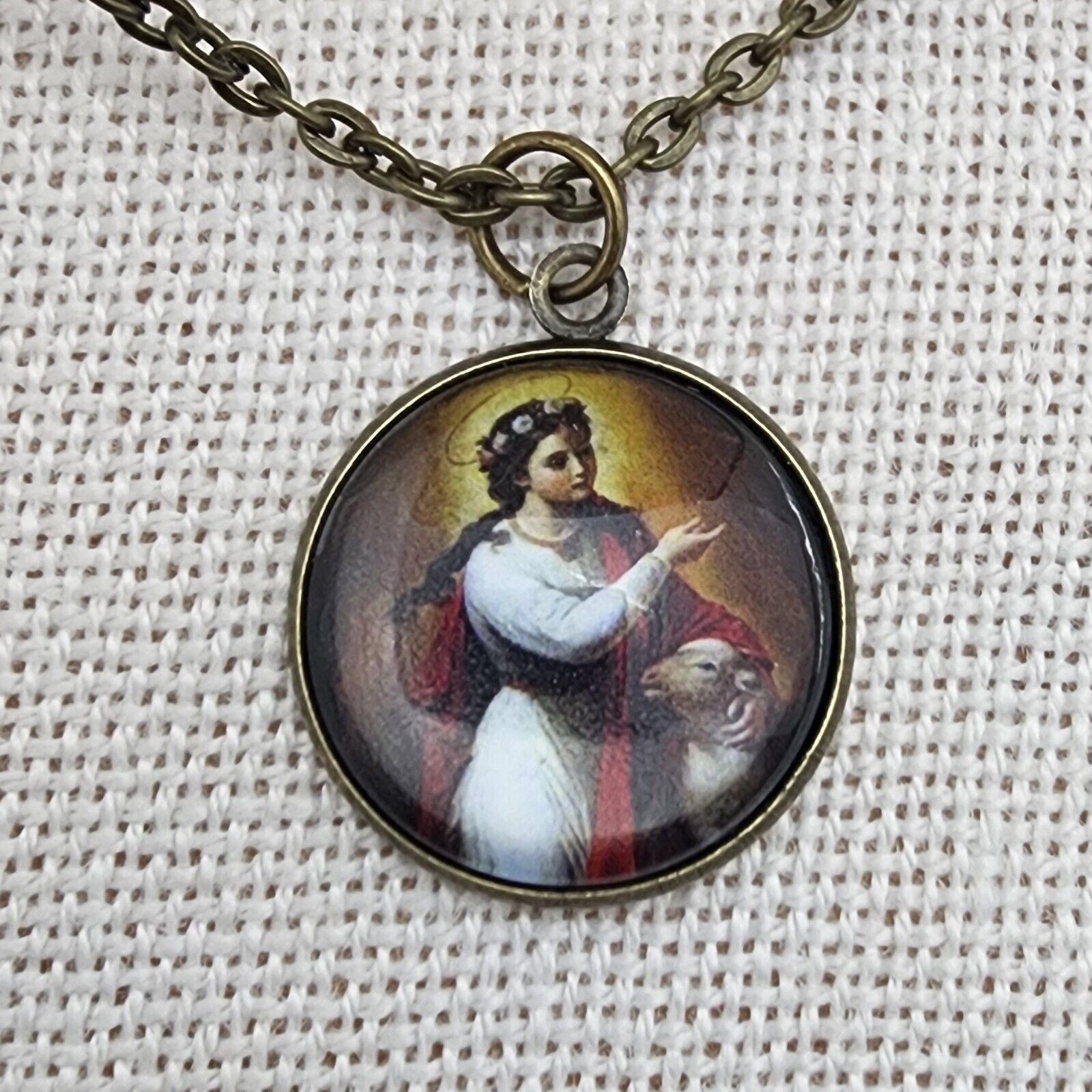 St  Agnes Medal ~ Catholic Picture Pendant Cabochon Saint Photo Jewelry w chain